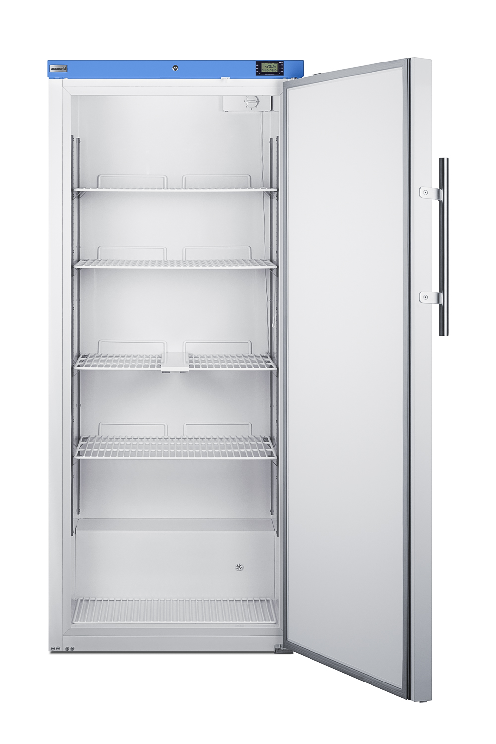 Upright manual defrost freezer with lock and external alarm/thermometer for general purpose storage applications